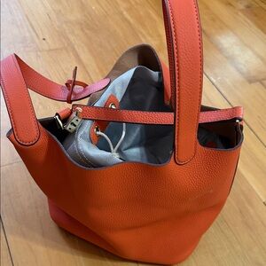 Orange Soft Leather Bucker Tote Bag with Drawstring Pouch